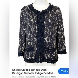 Women’s Chico's Intrigue Demi Cardigan Sweater Button  Indigo White Sz 1 Medium